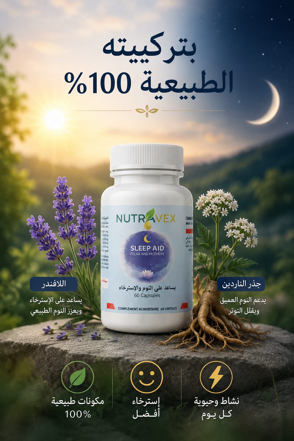 مكونات طبيعية: البابونج والخزامى وأعشاب مهدئة حول علبة نوترافكس