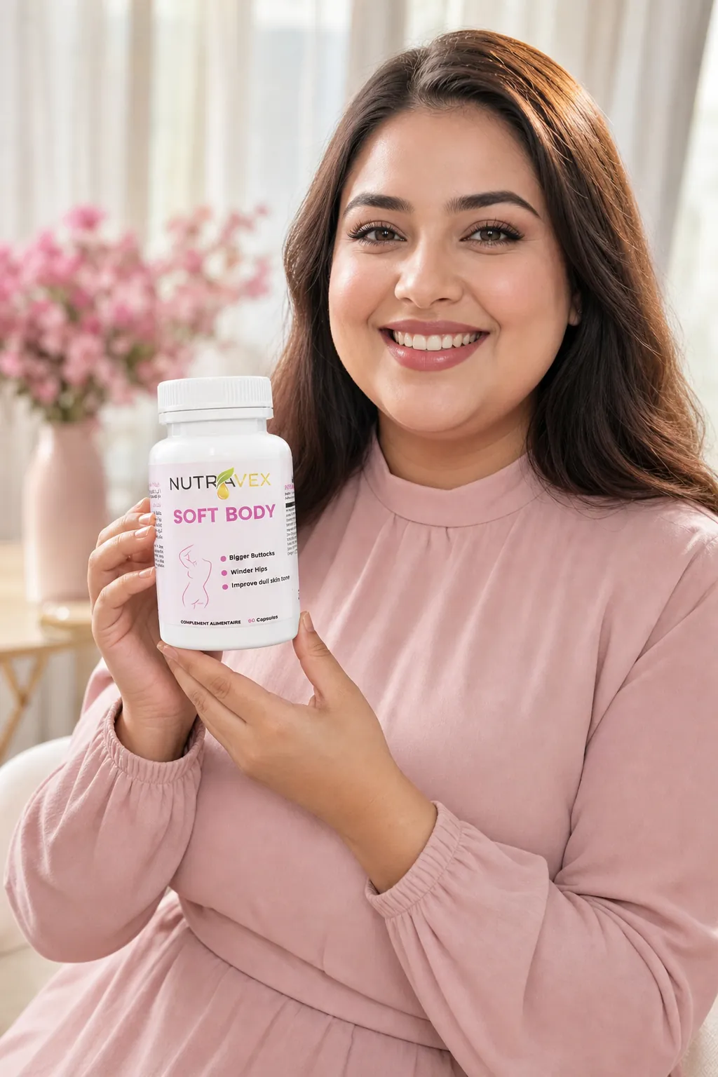 امرأة واثقة تحمل علبة NUTRAVEX Soft Body