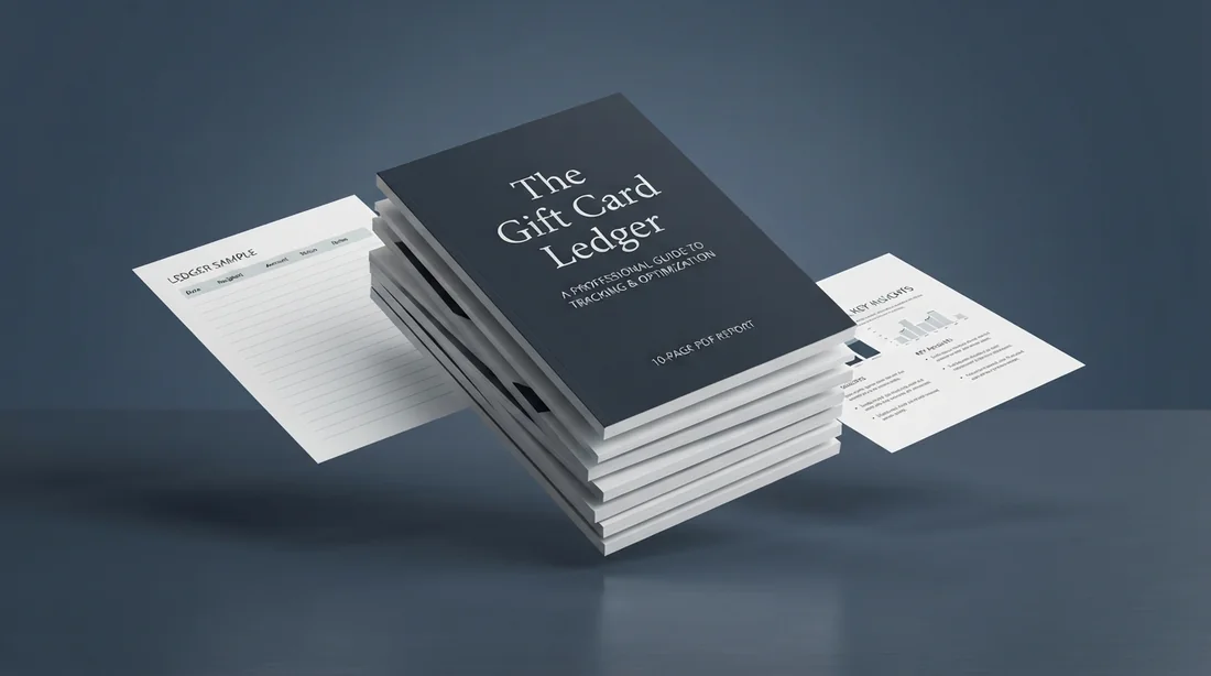 A stack of printed copies of The Gift Card Ledger with sample pages fanned out beside it.