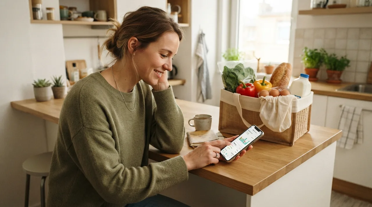A woman at a kitchen counter scanning a grocery receipt with a cashback app, a bag of groceries beside her.