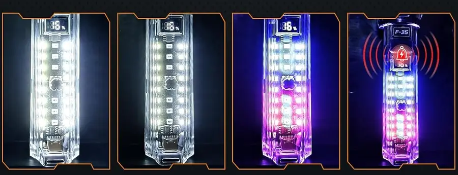 Les quatre modes du panneau latéral : blanc fort, blanc faible, rouge et bleu, alerte