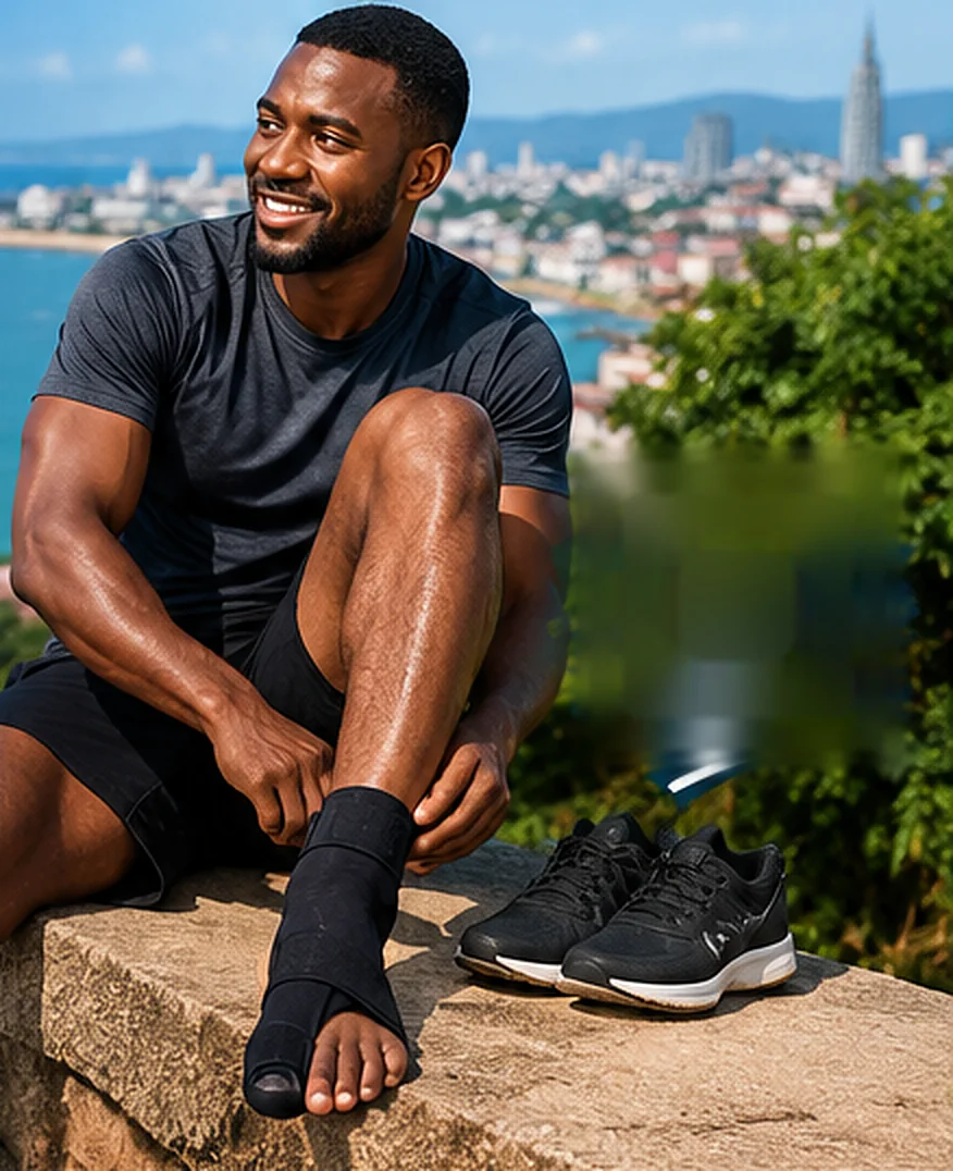 Smiling man sitting on a wall above the sea, wearing the black toe support brace on his foot