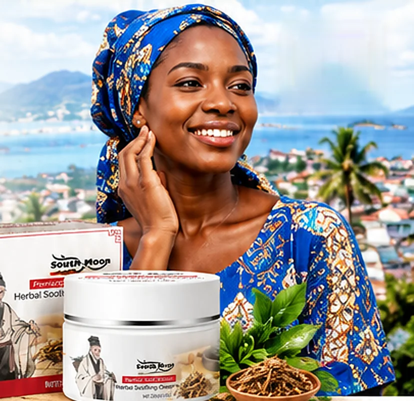 Smiling woman in a blue head-wrap with South Moon Herbal Soothing Cream