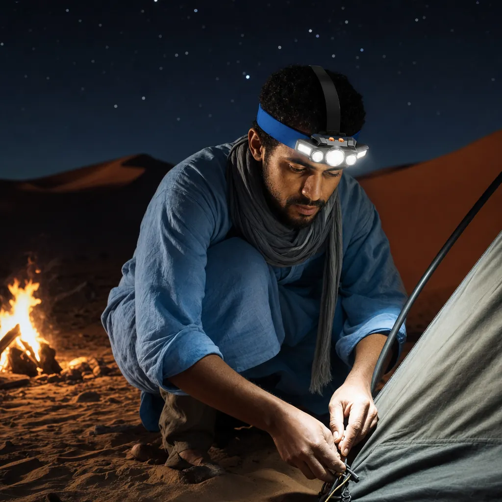 رجل يستعمل الكشاف فالتخييم بالصحراء