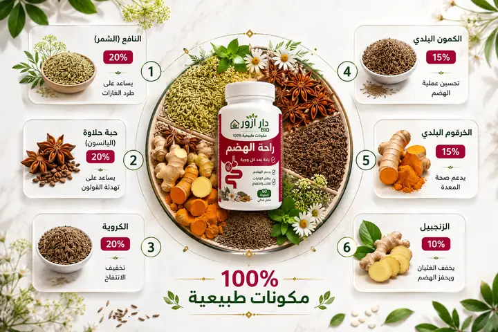 مكوّنات راحة الهضم: الشمر، اليانسون، الكروية، الكمون، الكركم، الزنجبيل