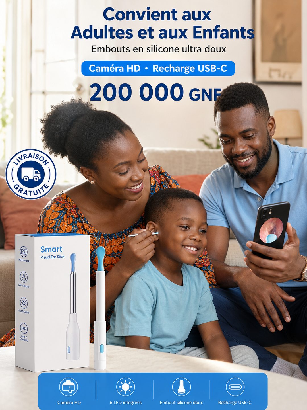 Une famille utilise la caméra OtoClean sur adultes et enfants