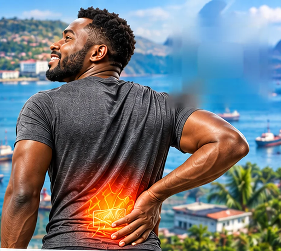 Smiling man holding his lower back where a heating patch warms the muscle