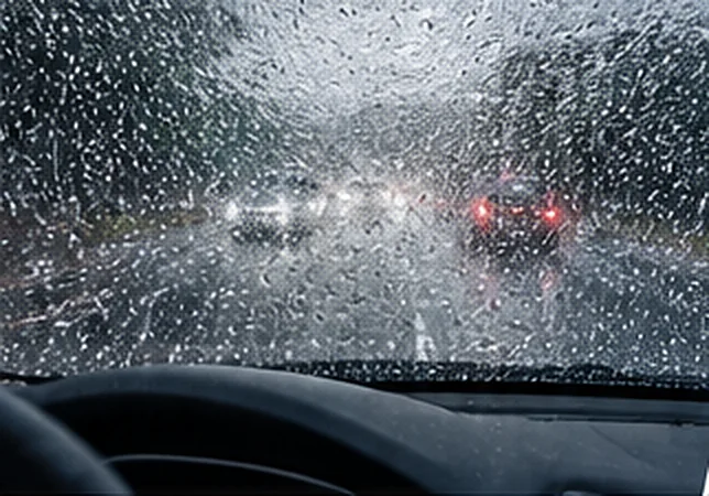 Windshield without treatment: blurry with rain